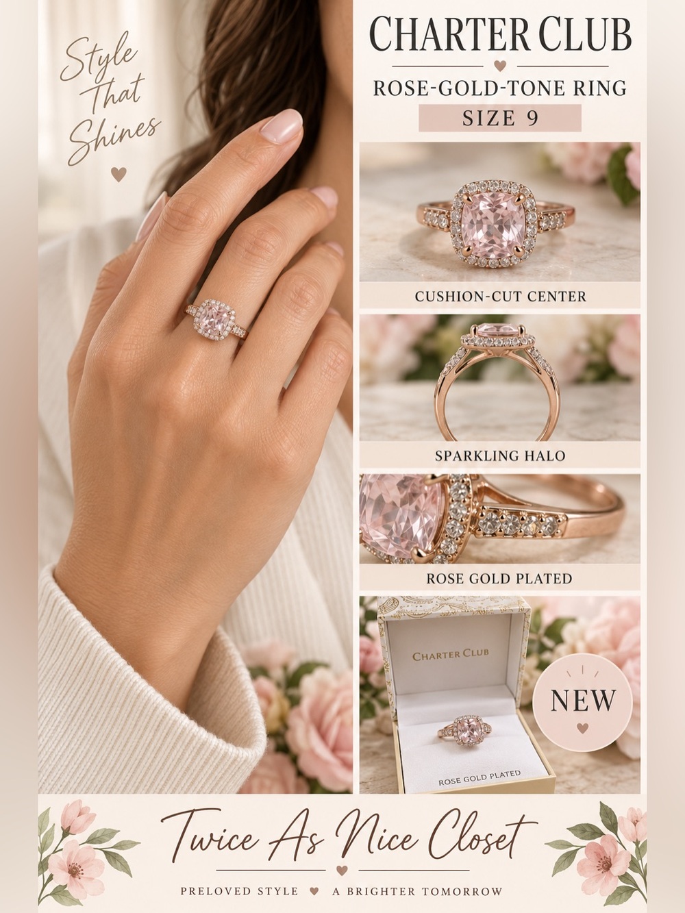 Charter Club Rose Gold Tone Women's Ring Size 9 NEW